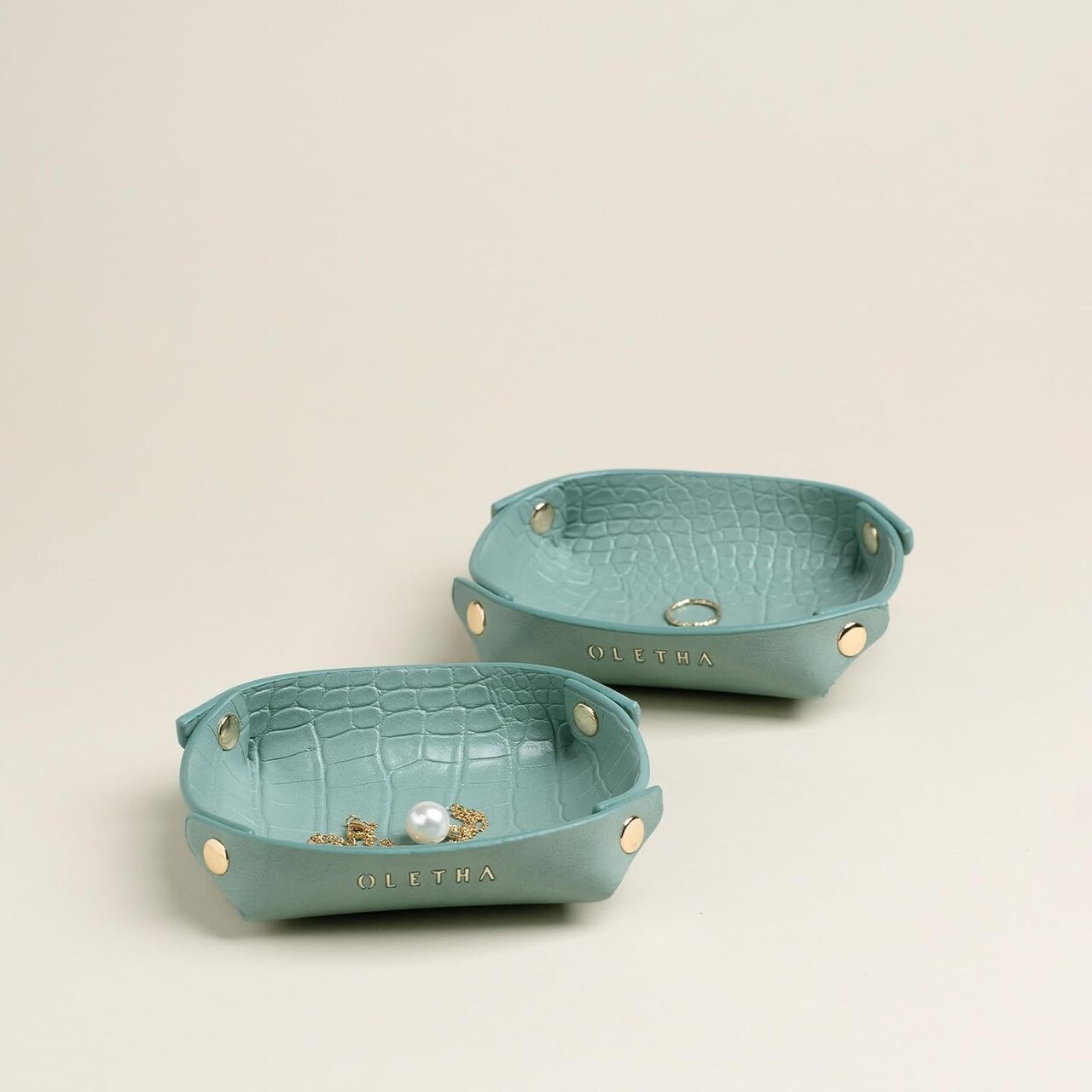 Small Jewelry Tray Set of 2 - Aesthetic Travel Trinket Dish Ring Earring Holder - Emerald Green